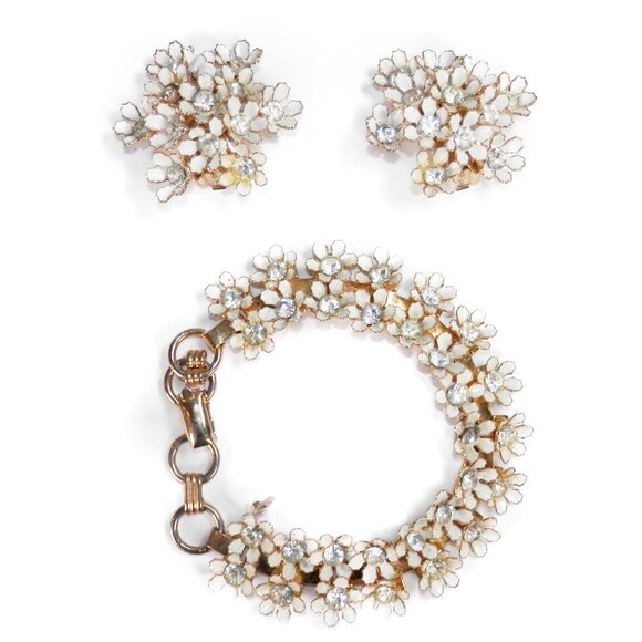 Vtg Coro White Enamel Clear Rhinestone Flower Cluster Bracelet Clip On Earrings - Picture 1 of 13